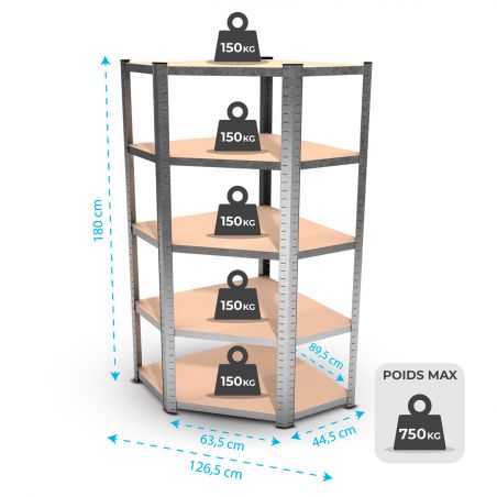 Étagère d'angle polyvalente en métal - Charge lourde Max 750kg - 180 x 90 x 45 cm - Gris